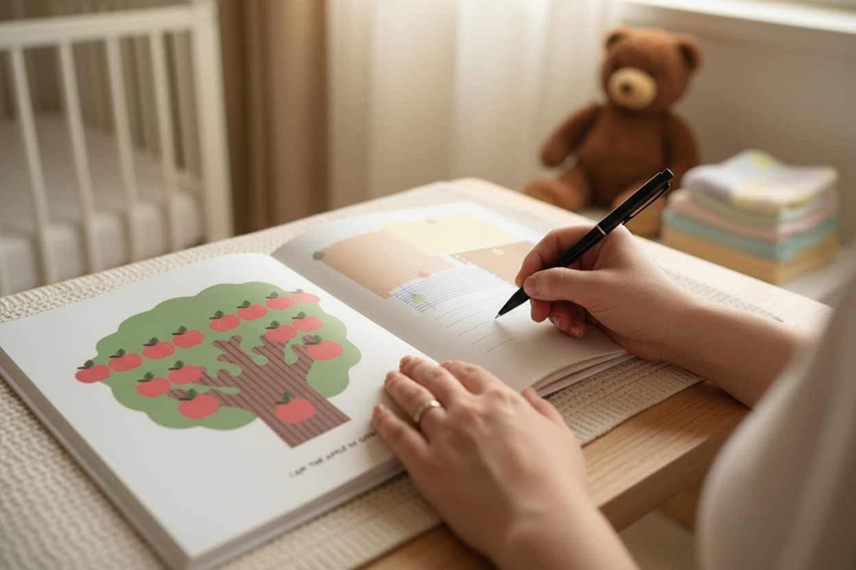 Parent writing in Baby Book of Memories with accurate interior pages