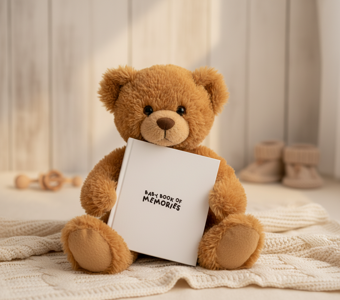 Brown teddy bear holding Baby Book of Memories