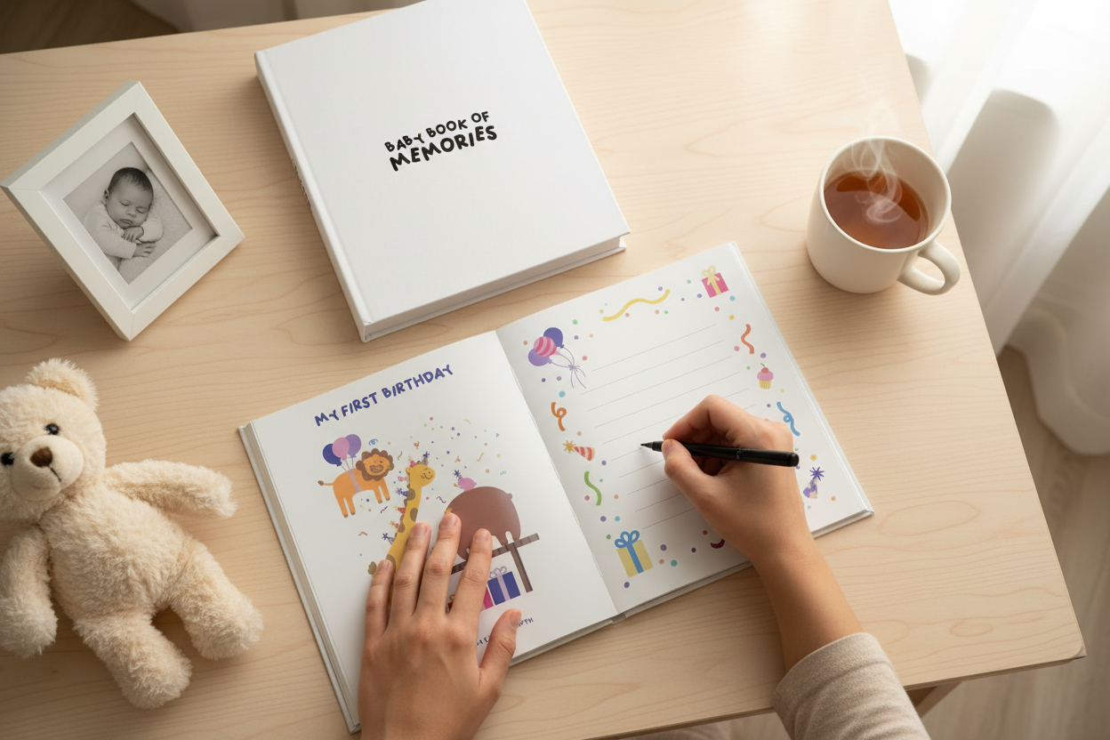 Parent writing in Baby Book of Memories - overhead view showing cover and pages